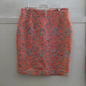 Essentiel Antwerp Neon Coral Geometric Aztec Tweed Pencil Skirt